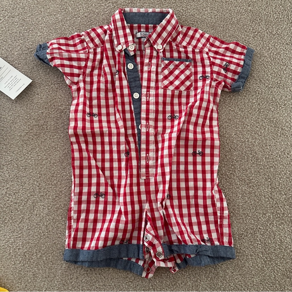 Kitestrings Red White Checkered gingham collar Shirt romper baby boy 18m